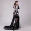 Chic / Belle Noire Robe De Soirée 2018 Princesse Transparentes En Dentelle Appliques Encolure Dégagée Manches Longues Longue Robe De Ceremonie