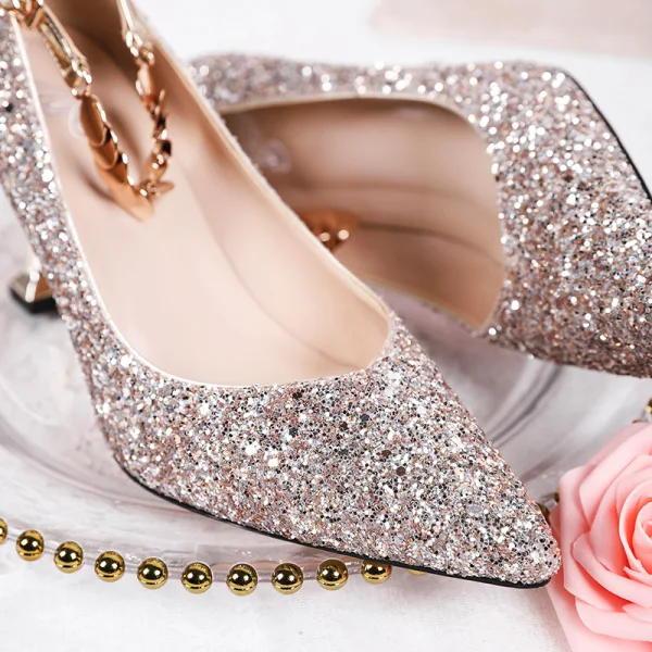 Sparkly Sølv Paljetter Brudesko 2020 Ankelstropp 8 cm Stiletthæler Spisse Bryllup Pumps