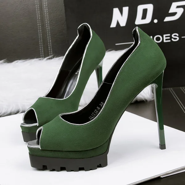Modest / Simple Red Street Wear Suede Womens Shoes 2020 12 cm Stiletto Heels Open / Peep Toe High Heels