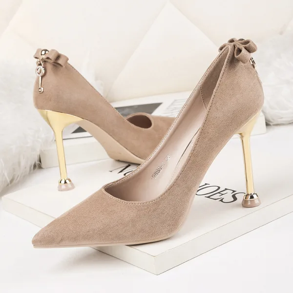 Fashion Beige Evening Party Pumps 2020 Bow 9 cm Stiletto Heels Pointed Toe Pumps