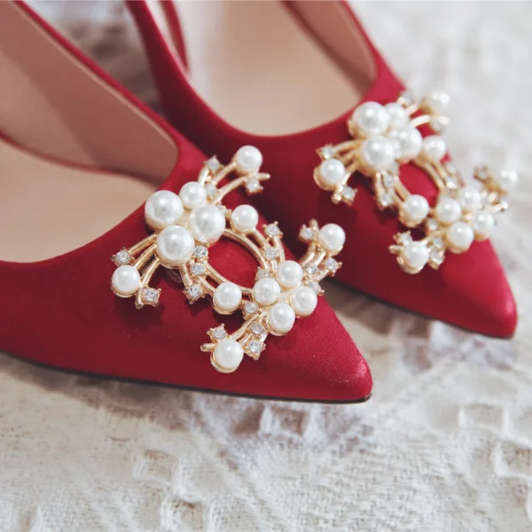 Chinese style Red Pearl Wedding Shoes 2020 Rhinestone 8 cm Stiletto Heels Pointed Toe Wedding Pumps