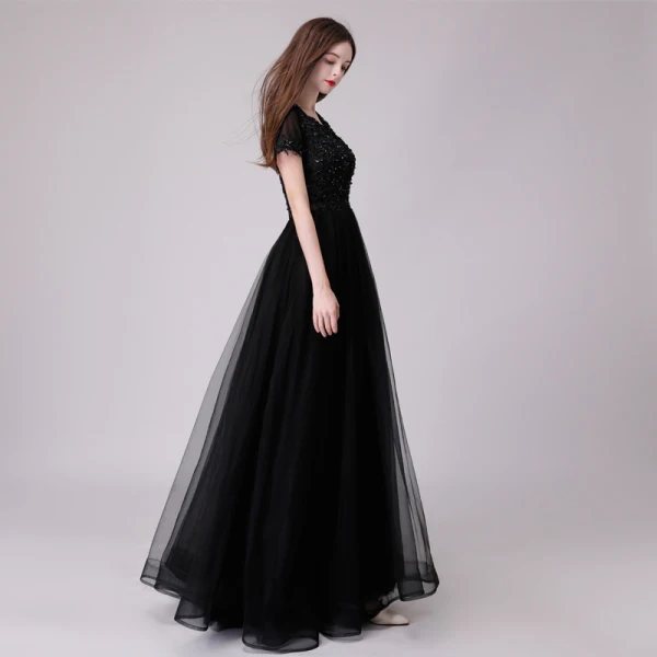 Chic / Belle Noire Robe De Soirée 2018 Princesse En Dentelle Appliques Paillettes Encolure Dégagée Dos Nu Manches Courtes Longue Robe De Ceremonie