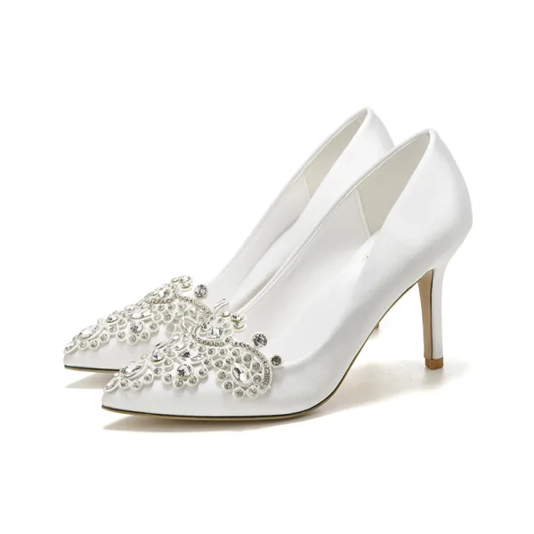 Mode Ivoire Faux Diamant Chaussure De Mariée 2020 9 cm Talons Aiguilles À Bout Pointu Mariage Escarpins