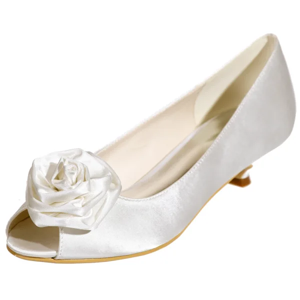Elegancka Białe Na Wesele Buty Ślubne 2020 Satyna Kwiat 3 cm Niski Obcas Peep Toe Ślub Czółenka