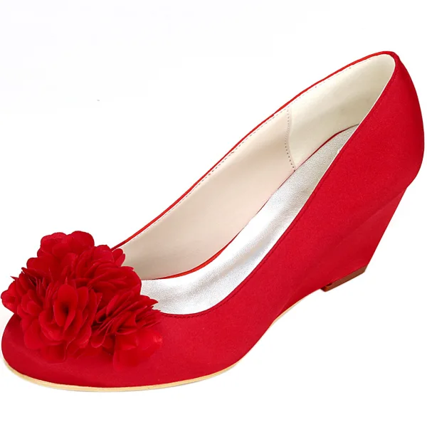 Chic / Beautiful Champagne Prom Womens Shoes 2020 Satin Appliques 6 cm Wedges Pointed Toe