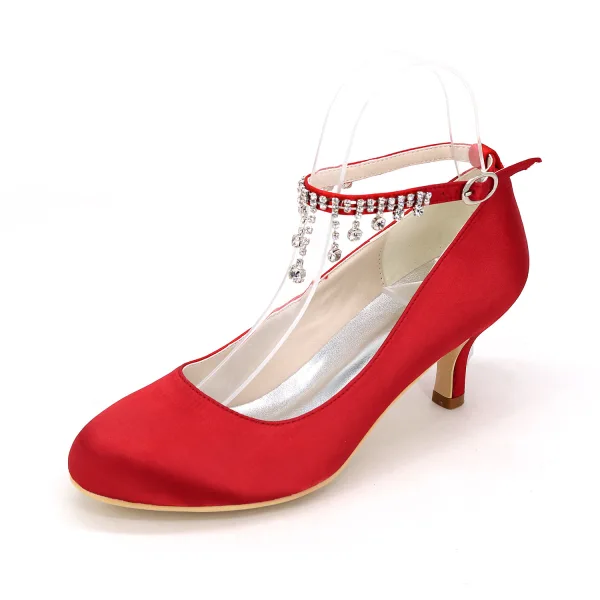 Stijlvolle Witte Bruidsschoenen 2020 Satijn Rhinestone Enkelband 6 cm Naaldhakken / Stiletto Spitse Neus Huwelijk Pumps