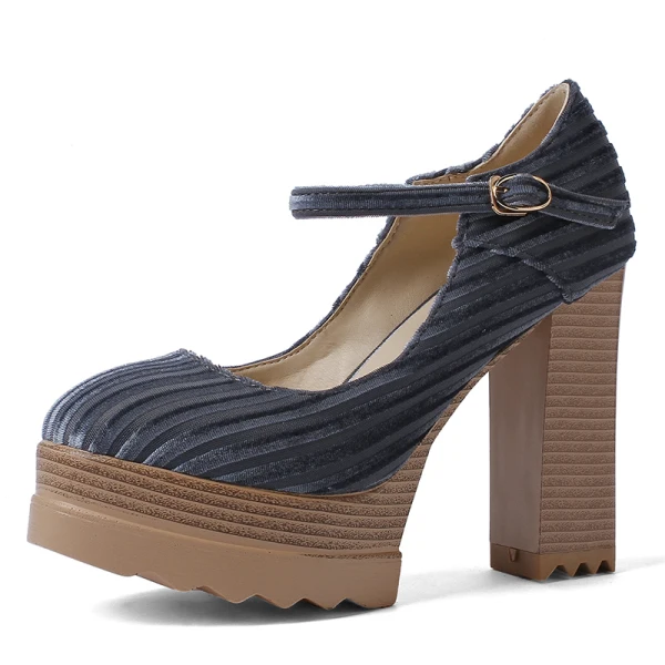 Schlicht Urlaub Schwarz Wildleder Pumps 2021 Schnalle Wasserdichte 11 cm Thick Heels Runde Zeh Pumps