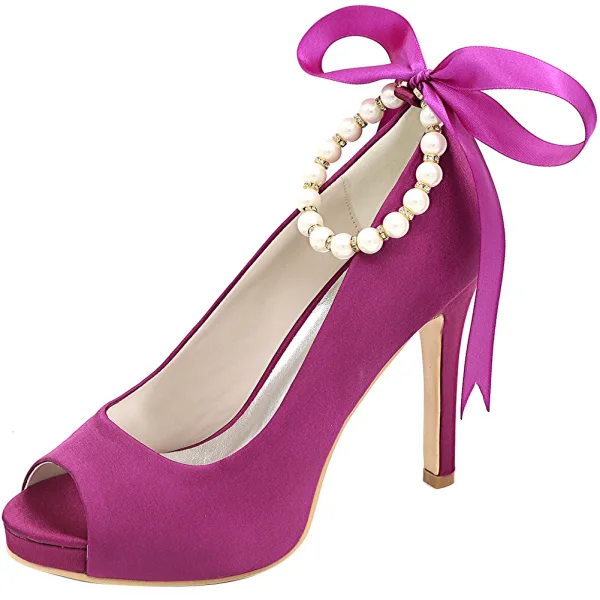 Edles Champagner Abend Satin Pumps 2020 Schleife Perle Knöchelriemen 11 cm Stilettos Peeptoes Pumps