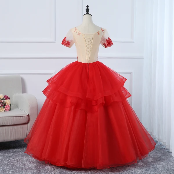 Élégant Rouge Robe De Bal 2020 Robe Boule Encolure Dégagée Perlage Faux Diamant Appliques En Dentelle Fleur Manches Courtes Dos Nu Longue Promo Robe De Ceremonie