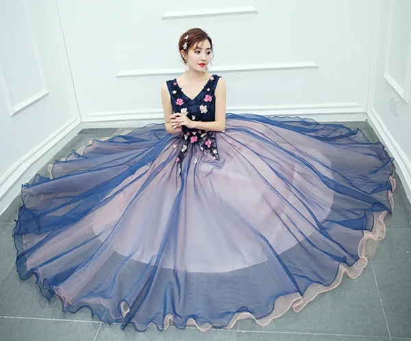 Traditional Navy Blue Prom Dresses 2020 Ball Gown V-Neck Beading Appliques Lace Flower Sleeveless Backless Floor-Length / Long Formal Dresses