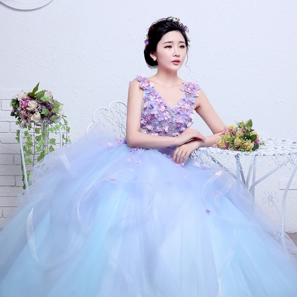 Charming Flower Fairy Sky Blue Prom Dresses 2020 Ball Gown V-Neck Pearl Lace Flower Appliques Sleeveless Backless Cascading Ruffles Floor-Length / Long