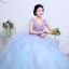 Charming Flower Fairy Sky Blue Prom Dresses 2020 Ball Gown V-Neck Pearl Lace Flower Appliques Sleeveless Backless Cascading Ruffles Floor-Length / Long