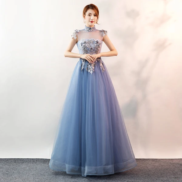 Élégant Bleu Ciel Robe De Bal 2020 Robe Boule Col Haut Perle En Dentelle Fleur Sans Manches Dos Nu Longue Robe De Ceremonie