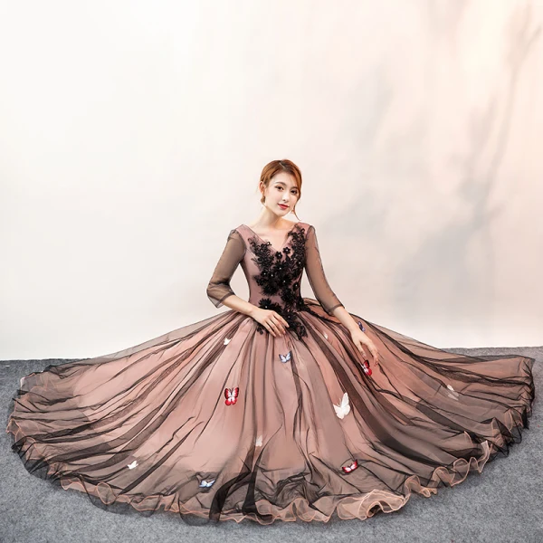 Elegant Black Prom Dresses 2020 Ball Gown V-Neck Butterfly Appliques Lace Flower 3/4 Sleeve Backless Floor-Length / Long Formal Dresses