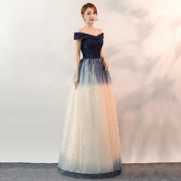 Fashion Gradient-Color Navy Blue Evening Dresses 2020 A-Line / Princess Off-The-Shoulder Lace Sequins Sleeveless Backless Floor-Length / Long Formal Dresses