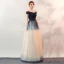 Fashion Gradient-Color Navy Blue Evening Dresses  2020 A-Line / Princess Off-The-Shoulder Lace Sequins Sleeveless Backless Floor-Length / Long Formal Dresses