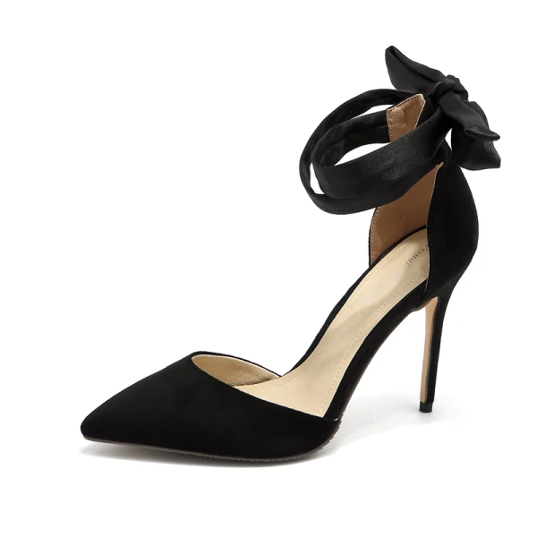 Stijlvolle Zwarte Avond Leer Sandalen Dames 2020 Suede Enkelband Strik 10 cm Naaldhakken / Stiletto Spitse Neus Sandalen