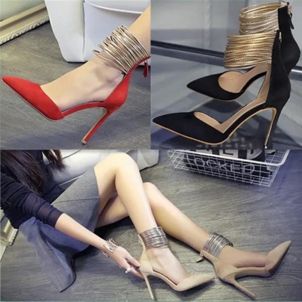 Mode Abend Leder Schwarz Damenschuhe 2020 Wildleder Gold Knöchelriemen 10 cm Stilettos Spitzschuh Pumps