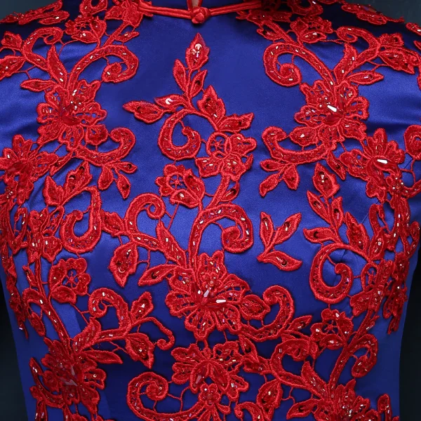 Vintage / Originale Style Chinois Bleu Roi Robe De Soirée 2018 Trompette / Sirène En Dentelle Appliques Perlage Cristal Col Haut Dos Nu Mancherons Train De Balayage Robe De Ceremonie