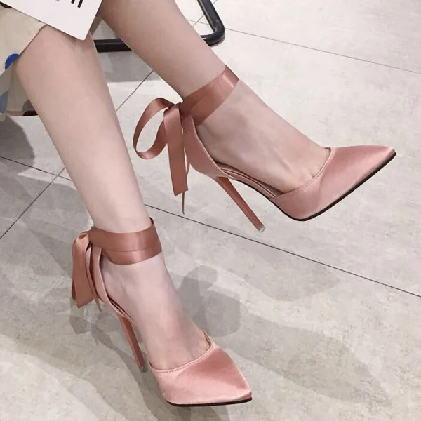Schlicht Nude Strassenmode Damenschuhe 2020 Knöchelriemen Schleife 11 cm Stilettos Spitzschuh High Heels