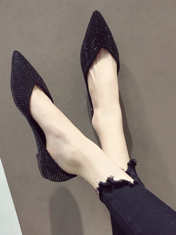 Prisvärd Nude Casual Rhinestone Platt Damskor 2020 Spetsiga