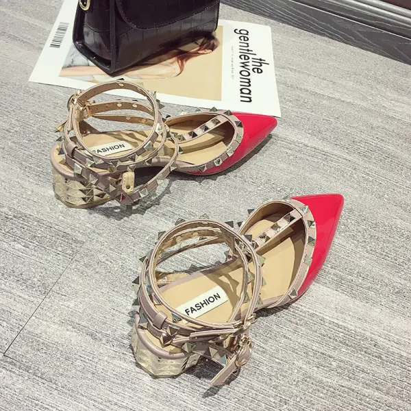 Fashion Beige Street Wear Rivet Womens Sandals 2020 Ankle Strap 4 cm Thick Heels Pointed Toe Low Heel Sandals