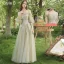 Chic / Beautiful Sage Green Pearl Lace Flower Bridesmaid Dresses 2021 A-Line / Princess Off-The-Shoulder Short Sleeve Backless Floor-Length / Long Bridesmaid Wedding Party Dresses