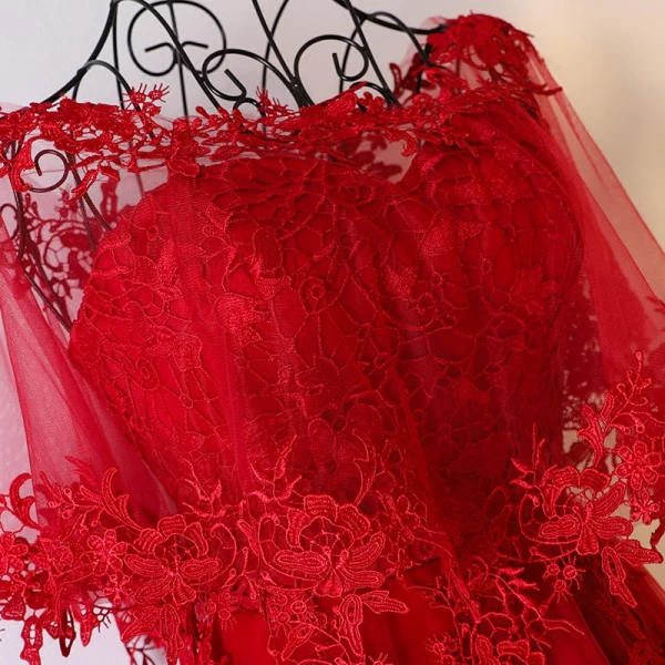Chic / Belle Rouge Robe De Ceremonie 2017 En Dentelle Fleur Amoureux 1/2 Manches Dos Nu Asymétrique Princesse Robe De Soirée
