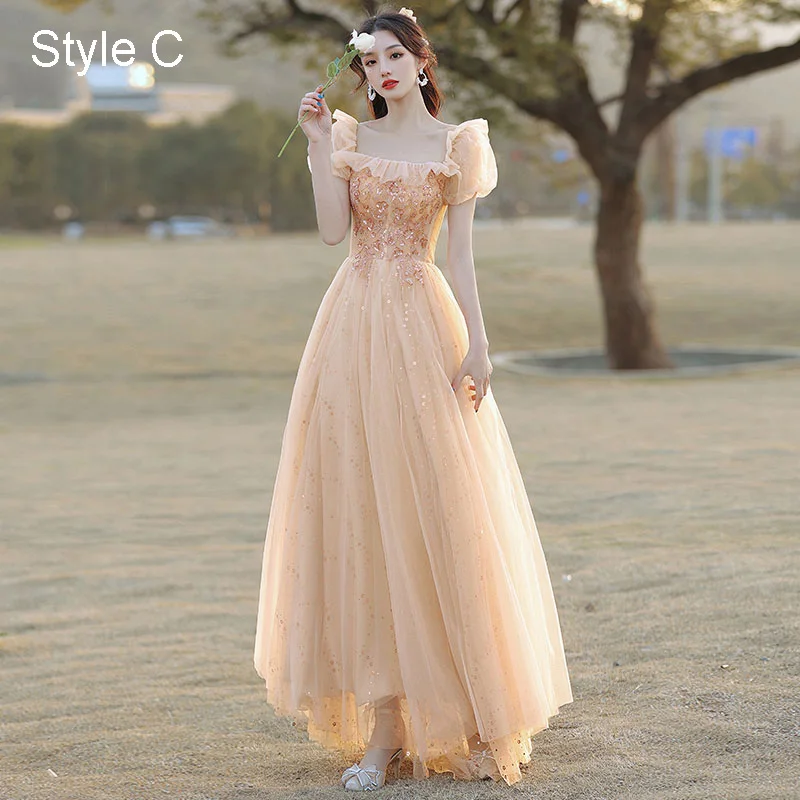 Modest Simple Champagne Bridesmaid Dresses 2021 A-Line Princess Square Neckline Beading