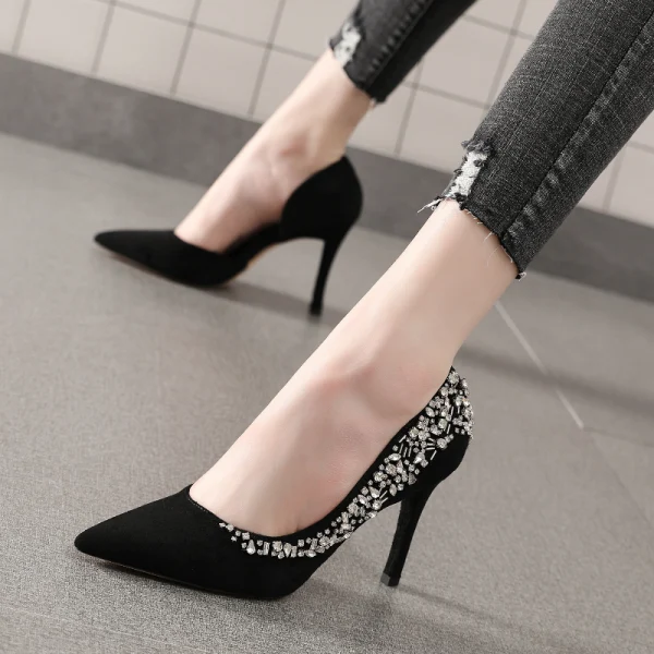 Mode Röd Afton Damskor 2020 Rhinestone 9 cm Stilettklackar Spetsiga Klackskor