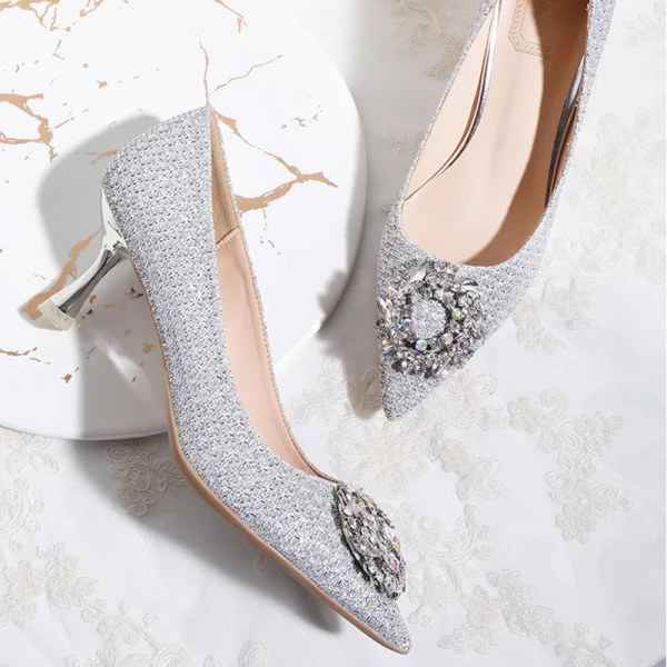 Błyszczące Srebrny Rhinestone Buty Ślubne 2020 Cekinami Cekiny 8 cm Szpilki Szpiczaste Ślub Czółenka