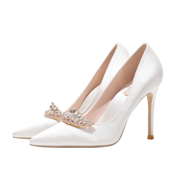 Classy Ivory Satin Rhinestone Wedding Shoes 2020 10 cm Stiletto Heels Pointed Toe Wedding Pumps