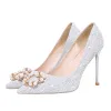 Charming Silver Lace Wedding Shoes 2020 Pearl Rhinestone 10 cm Stiletto Heels Pointed Toe Wedding Pumps