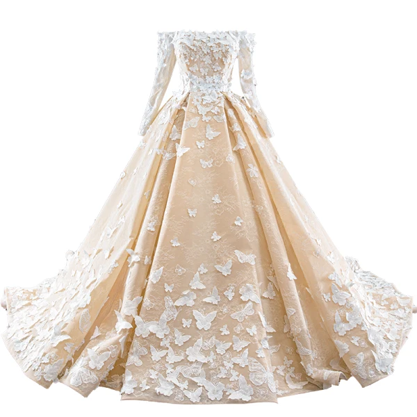 Luxury / Gorgeous Champagne Lace Butterfly Wedding Dresses 2020 A-Line / Princess Off-The-Shoulder Long Sleeve Backless Chapel Train