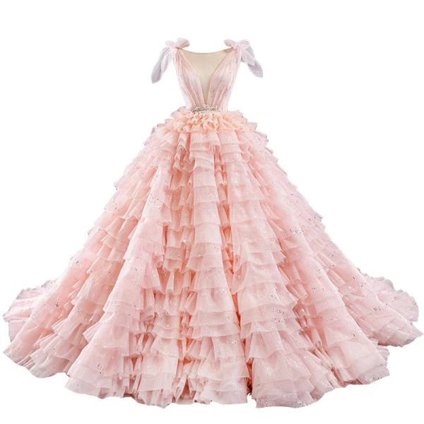 Luxury / Gorgeous Lovely Candy Pink Sequins Wedding Dresses 2023 Ball Gown Scoop Neck Sleeveless Backless Cascading Ruffles Chapel Train