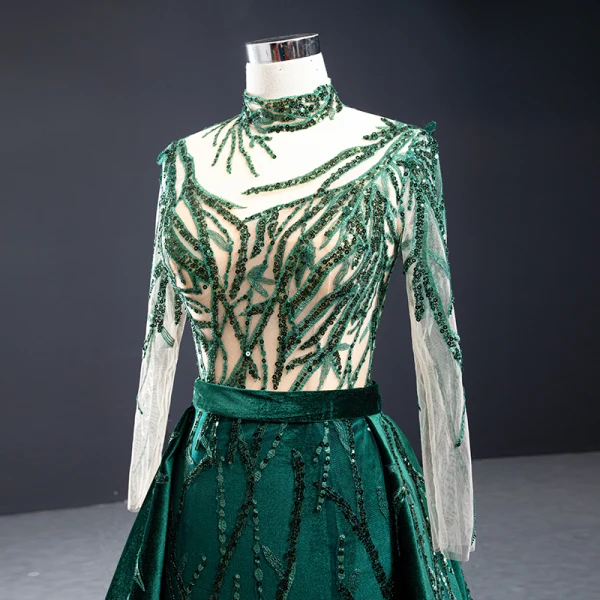 Haut de Gamme Vert Foncé Daim Robe De Soirée 2023 Trompette / Sirène Col Haut Fait main Perlage Paillettes En Dentelle Manches Longues Dos Nu Watteau Train Robe De Ceremonie