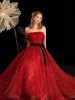 Sparkly Red Sequins Bow Prom Dresses 2021 A-Line / Princess Strapless Sleeveless Floor-Length / Long Prom Formal Dresses