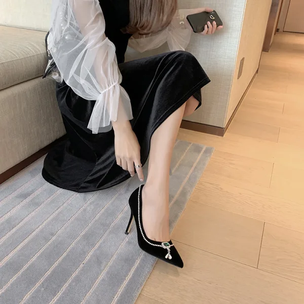 Stilig Svarta Afton Rhinestone Pumps 2020 Mocka 9 cm Stilettklackar Spetsiga Pumps