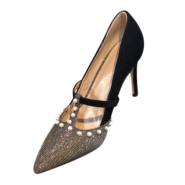Mode Noire Soirée Escarpins 2020 Perle Paillettes 9 cm Talons Aiguilles À Bout Pointu Escarpins