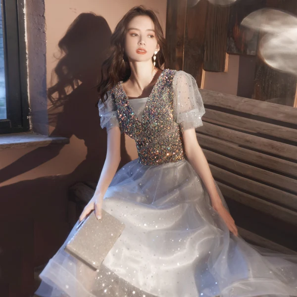 Charming Grey Star Sequins Party Dresses 2021 A-Line / Princess V-Neck Short Sleeve Tea-length Cocktail Party Evening Party Formal Dresses