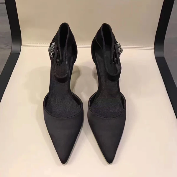 Chic / Beautiful Black Casual Womens Shoes 2020 Leather Satin Rhinestone Ankle Strap 7 cm Stiletto Heels Pointed Toe High Heels
