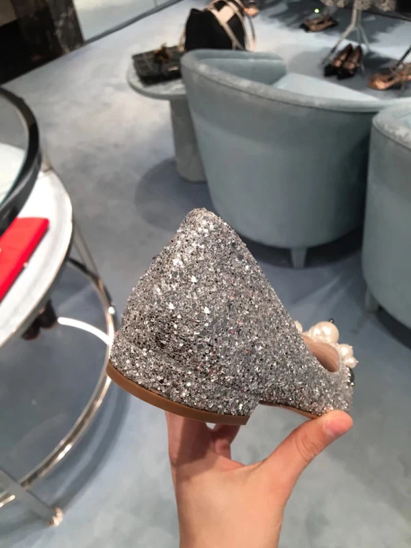 Scintillantes Argenté Plate Chaussure De Mariée 2020 Perle Faux Diamant À Bout Pointu Plat