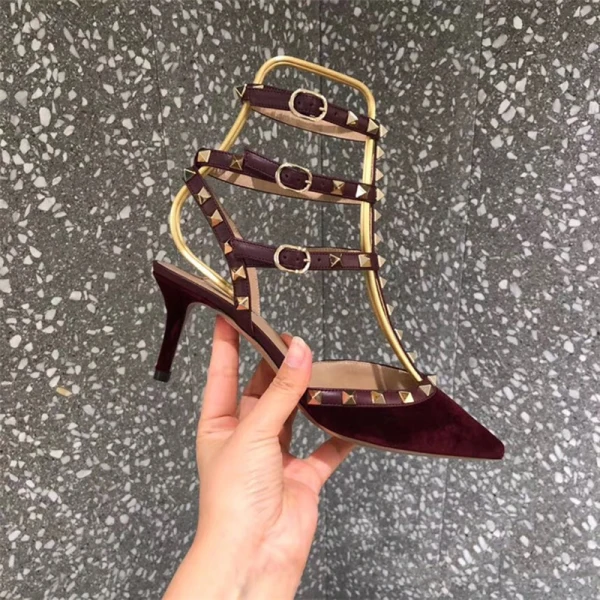 Sexy Black Street Wear Leather Womens Sandals 2020 Rivet 6 cm Stiletto Heels Pointed Toe Sandals