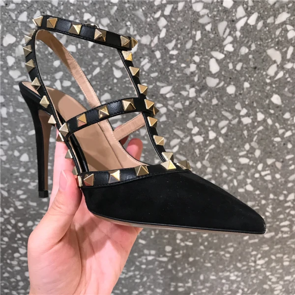 Schöne Schwarz Abend Niet Sandalen Damen 2020 8 cm Stilettos Spitzschuh Sandaletten