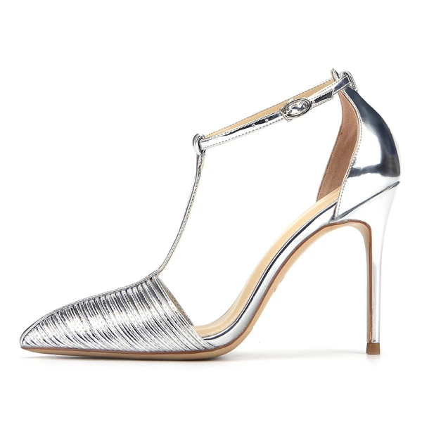 Chic / Beautiful Silver Evening Party Leather Womens Shoes 2020 Patent Leather T-Strap 10 cm Stiletto Heels Pointed Toe Heels
