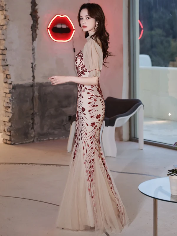Charming Champagne Sequins Evening Dresses  2021 Trumpet / Mermaid High Neck Short Sleeve Floor-Length / Long Evening Party Formal Dresses