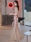 Charming Champagne Sequins Evening Dresses  2021 Trumpet / Mermaid High Neck Short Sleeve Floor-Length / Long Evening Party Formal Dresses