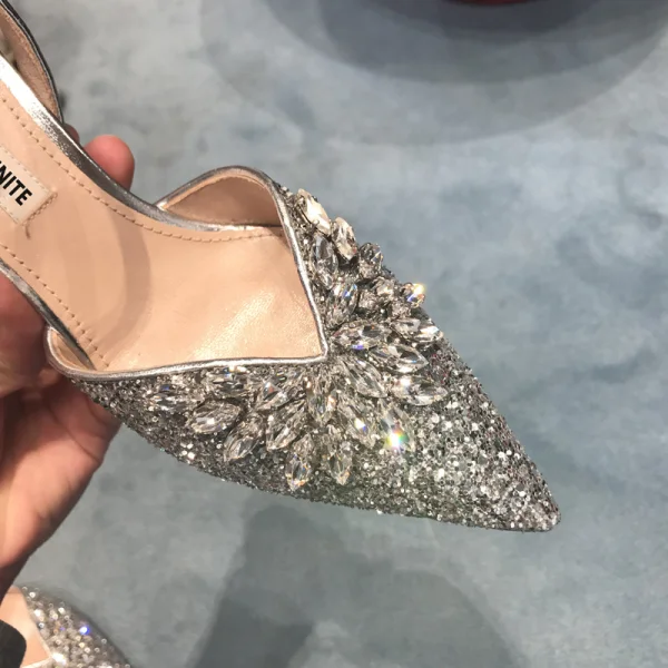 Scintillantes Argenté Soirée Cristal Chaussures Femmes 2020 Bride Cheville Faux Diamant Paillettes 8 cm Talons Aiguilles À Bout Pointu Talons Hauts
