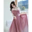 Fashion Gradient-Color Candy Pink Sequins Prom Dresses 2021 A-Line / Princess Off-The-Shoulder Short Sleeve Backless Bow Floor-Length / Long Evening Party Formal Dresses