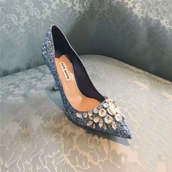 Błyszczące Błękitne Wieczorowe Rhinestone Czółenka 2020 Cekiny 9 cm Szpilki Szpiczaste Czółenka